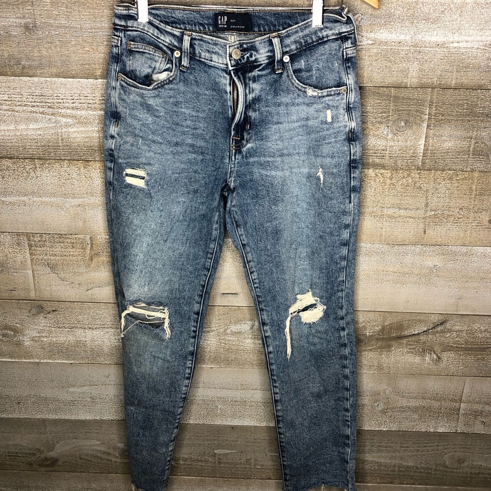 Gap girlfriend distressed high rise raw hem jeans light wash